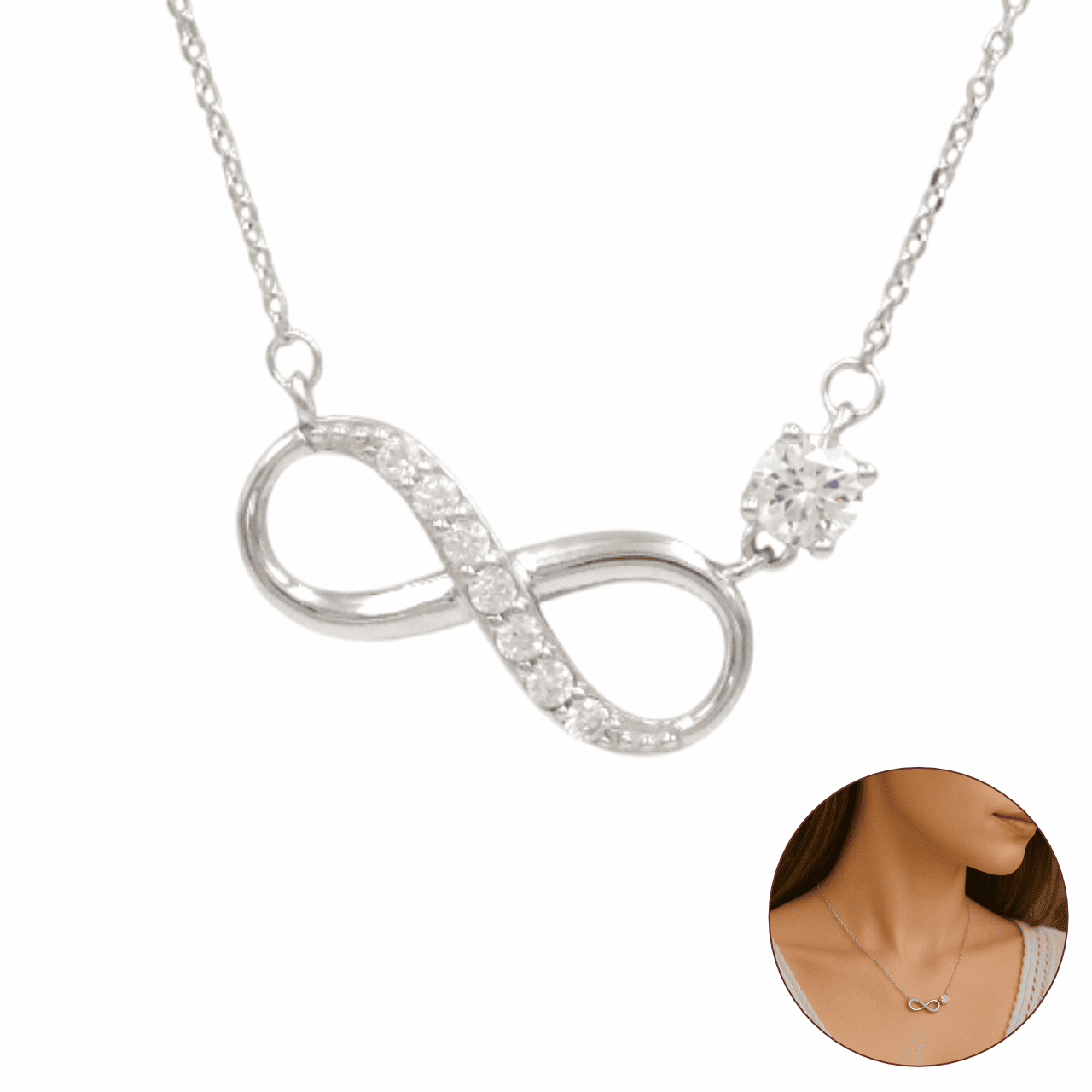 Colar Feminino Prata de Lei 925 Pingente Infinito Cravejado Zircônias 5A