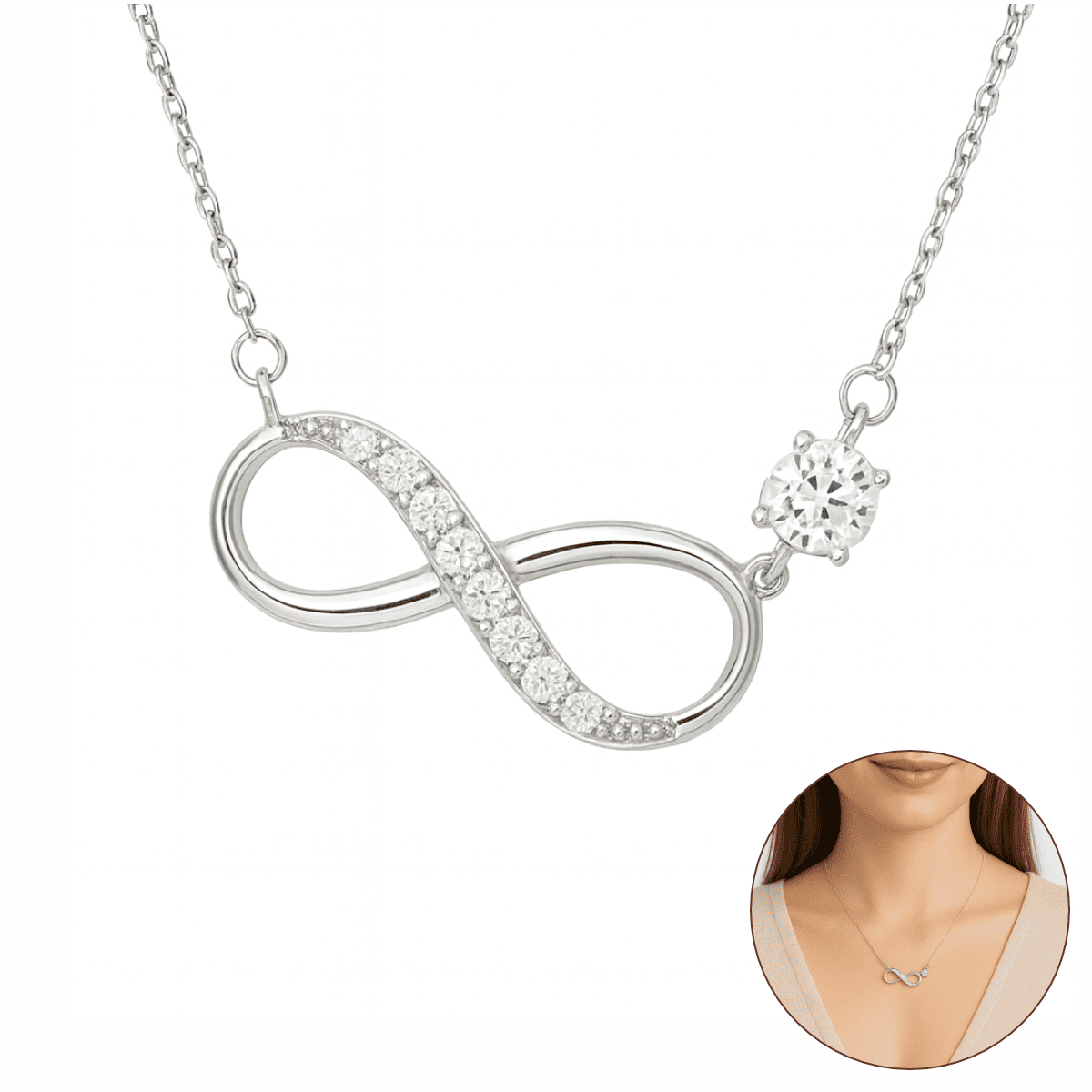 Colar Infinito Feminino Prata 925 Zircônia 5A Ponto de Luz