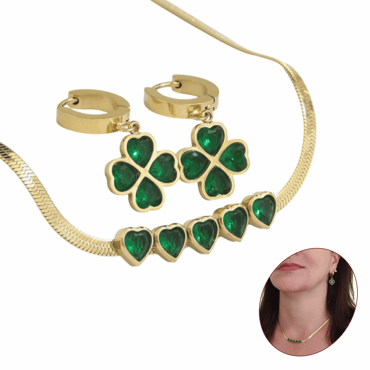 Conjunto Colar e Brincos Feminino Ouro 18k Zircônias 5A
