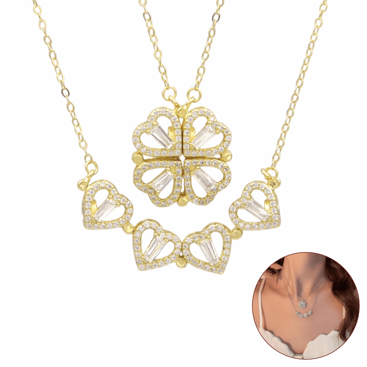 Colar Feminino Trevo 2 em 1 Prata 925 Ouro 18k Zircônia
