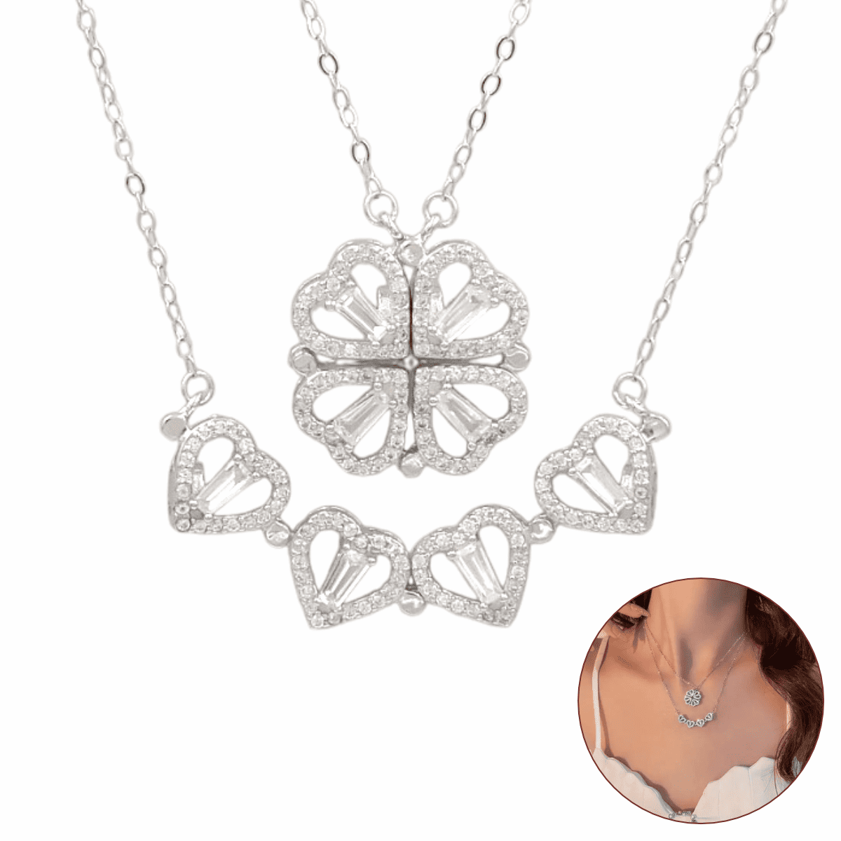 Colar De Prata 925 Feminino Trevo Coração 2 em 1