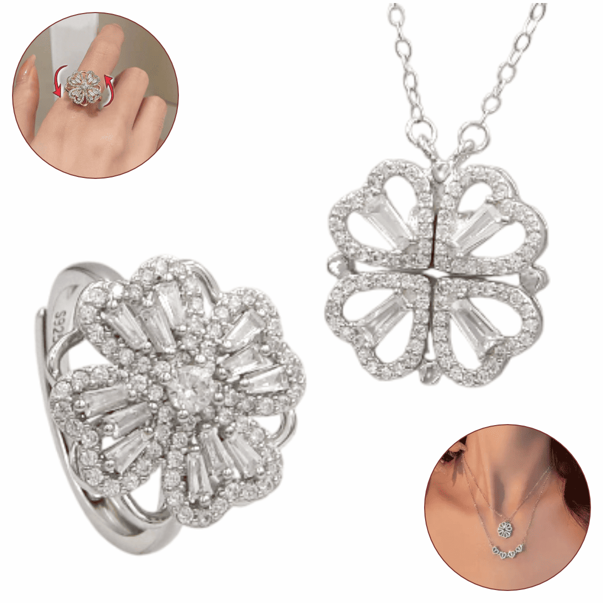 CONJUNTO COLAR 2 EM 1 E ANEL FEMININO PRATA 925 ZIRCÔNIA 5A